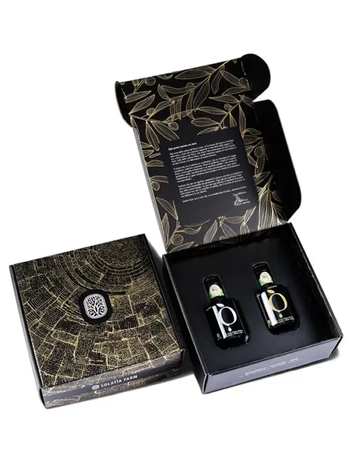 Cofanetto Deluxe Experience Solatìa Farm con due bottiglie olio extravergine di oliva da 250 ml, Radici e Autentico